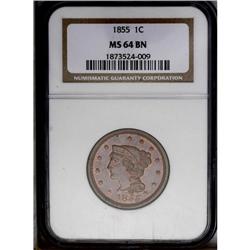 1855 1C Slanted 5s MS64 Brown NGC. N-10, R.1. GDS b. T
