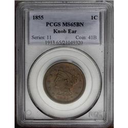 1855 1C Knob on Ear MS65 Brown PCGS. N-9, R.1. Die Sta