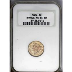 1864 1C Bronze No L MS65 Red NGC. Luscious deep varieg