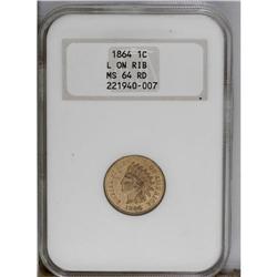 1864 1C L On Ribbon MS64 Red NGC. Soft luster exudes f