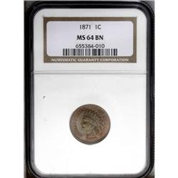 1871 1C MS64 Brown NGC. Semi-glossy surfaces display o