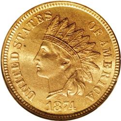 1874 1C MS65 Red NGC. A pleasing coppery-gold and oran