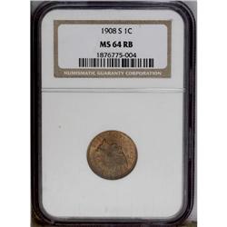 1908-S 1C MS64 Red and Brown NGC. Fully lustrous with