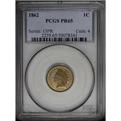 1862 1C PR65 PCGS. Subtly mirrored beneath layers of m