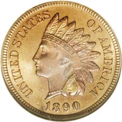 1890 1C PR65 Red NGC. Light gold color dominates the f