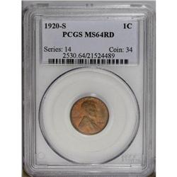 1920-S 1C MS64 Red PCGS. Softly struck on the obverse,