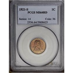 1921-S 1C MS64 Red PCGS. Variegated brassy-gold patina