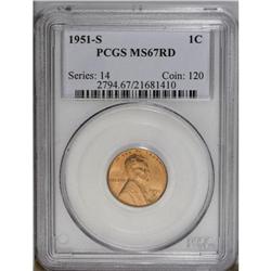 1951-S 1C MS67 Red PCGS. Smooth surfaces emit pleasing