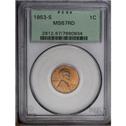 1953-S 1C MS67 Red PCGS. The thick, frosted mint red c