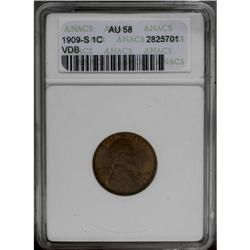 1909-S VDB 1C AU58 ANACS. Chocolate-brown toning is li