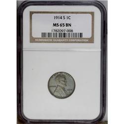 1914-S 1C MS65 Brown NGC. Glossy bluish-brown surfaces