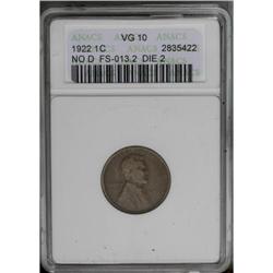 1922 No D 1C Strong Reverse VG10 ANACS. FS-013.2. Die