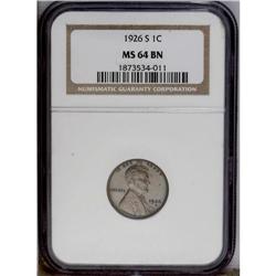 1926-S 1C MS64 Brown NGC. Semi-glossy medium brown sur