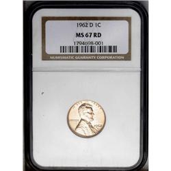 1962-D 1C MS67 Red NGC. This well struck cent has exce