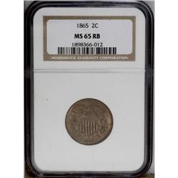 1865 2C MS65 Red and Brown NGC. Mottled irregular toni