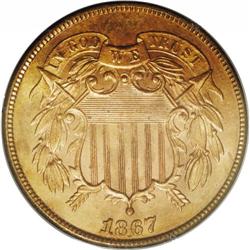 1867 2C MS65 Red PCGS. Housed in a first-generation ho
