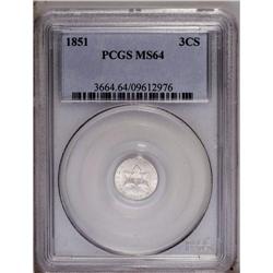 1851 3CS MS64 PCGS. Untoned with a bright, satiny fini