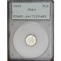 1862 3CS MS64 PCGS. Bright, silvery lustrous surfaces