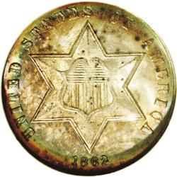 1862 3CS MS65 NGC. Fully lustrous and sharply struck w