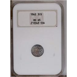 1862 3CS MS65 NGC. Sky-blue and mauve-gray toning comp