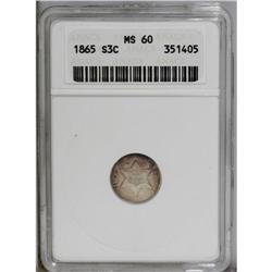 1865 3CS MS60 ANACS. Reddish-gray patina bathes each s