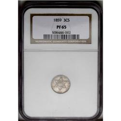 1859 3CS PR65 NGC. Whispers of gold-brown, mauve, and