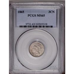 1865 3CN MS65 PCGS. This lustrous Gem possesses faint