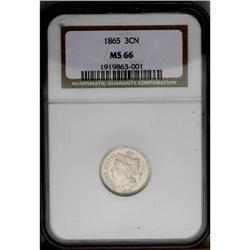 1865 3CN MS66 NGC. Delicate powder-blue and chestnut t