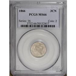 1866 3CN MS66 PCGS. Speckles of olive-gray patina over