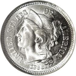 1866 3CN MS67 S NGC. Boldly struck with bright, satin