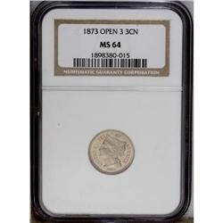 1873 3CN Open 3 MS64 NGC. Highly lustrous with grayish