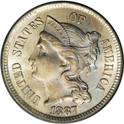 1887 3CN MS66 PCGS. A scarce, low mintage business str