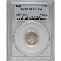 1866 3CN PR63 Cameo PCGS. Dusky light gold on both sid