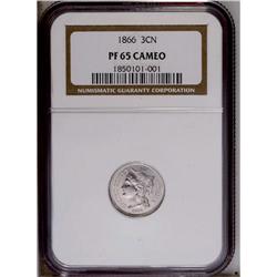 1866 3CN PR65 Cameo NGC. Fully struck with a slight gl