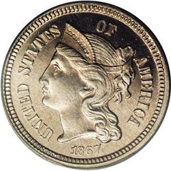 1867 3CS PR66 Cameo PCGS. Razor-sharp striking details