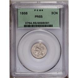 1868 3CN PR65 PCGS. Untoned with slight cameo contrast