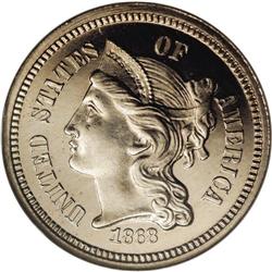 1868 3CN PR66 Cameo NGC. This is a fully struck and hi