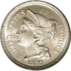 1877 3CN PR64 PCGS. Hazy pearl-gray surfaces with a fe