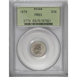 1878 3CN PR63 PCGS. This penetratingly struck and unab
