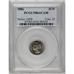 1886 3CN PR66 Cameo PCGS. Whispers of light gold color