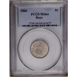 1866 5C Rays MS64 PCGS. Bright overall and lightly ton