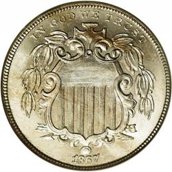 1867 5C Rays MS65 NGC. Repunched date with portions of
