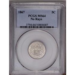 1867 5C No Rays MS64 PCGS. Boldly struck except for so