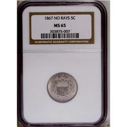 1867 5C No Rays MS65 NGC. Nickel-gray surfaces are imb
