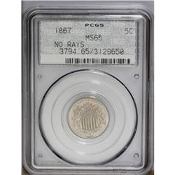 1867 5C No Rays MS65 PCGS. Untoned and sharply struck