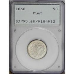 1868 5C MS65 PCGS. Flashy silver-white surfaces adorn