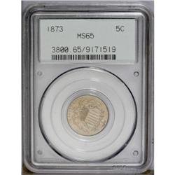 1873 5C Open 3 MS65 PCGS. Rich champagne-gold toning a