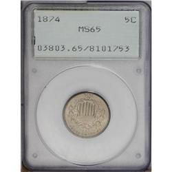 1874 5C MS65 PCGS. Sharply struck with a bright satiny