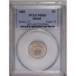 1883 5C MS65 PCGS. Pastel-gold toning accents excellen