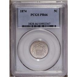 1874 5C PR66 PCGS. Pastel olive-gray and apricot color